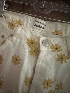 Reformation Cream High-Rise Jeans with Yellow Floral Print